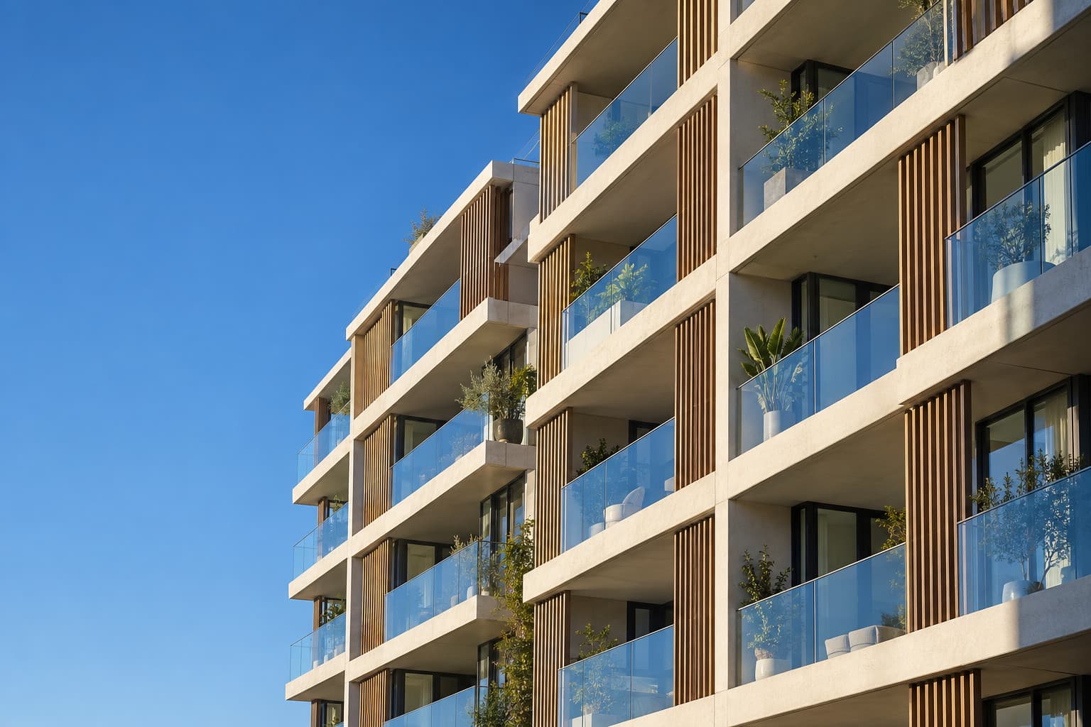Balconies of a contemporary Sydney apartment building with glass balustrades and timber screens against a clear blue sky.