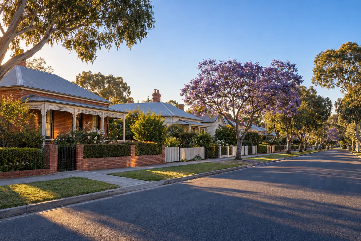A quiet Australian suburban street at golden hour, with brick and weatherboard homes, gum trees and a flowering jacaranda.