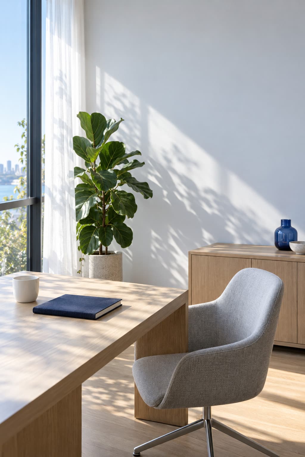 A quiet, sunlit office corner with an oak desk, a navy notebook, a grey chair and a fiddle-leaf fig.