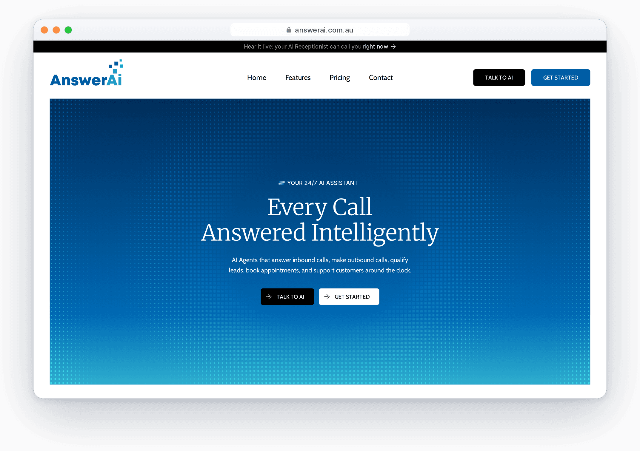 The AnswerAI home page in a browser window, headed 'Every Call Answered Intelligently'.