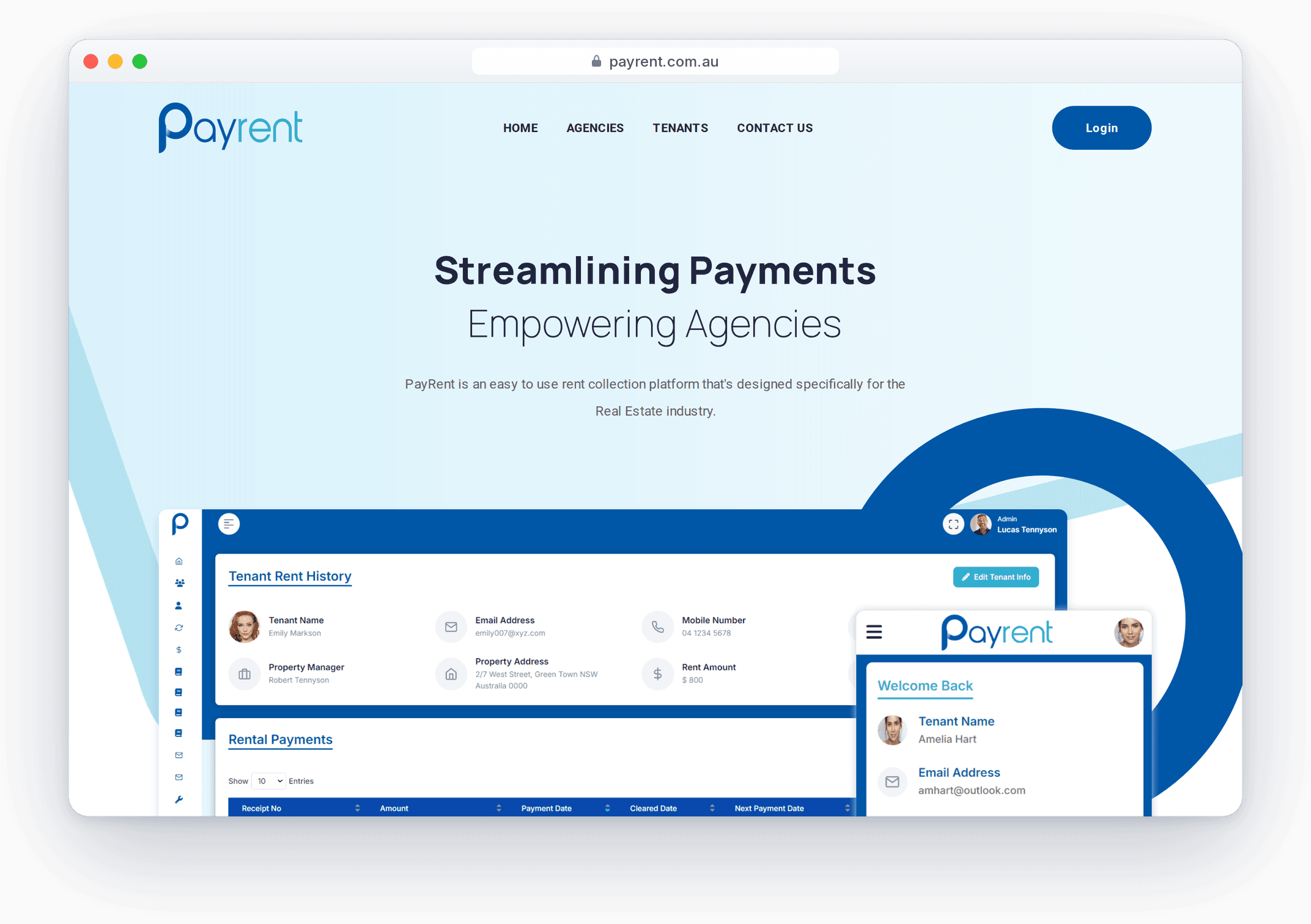 The PayRent home page in a browser window, with its rent-collection dashboard and tenant mobile app.