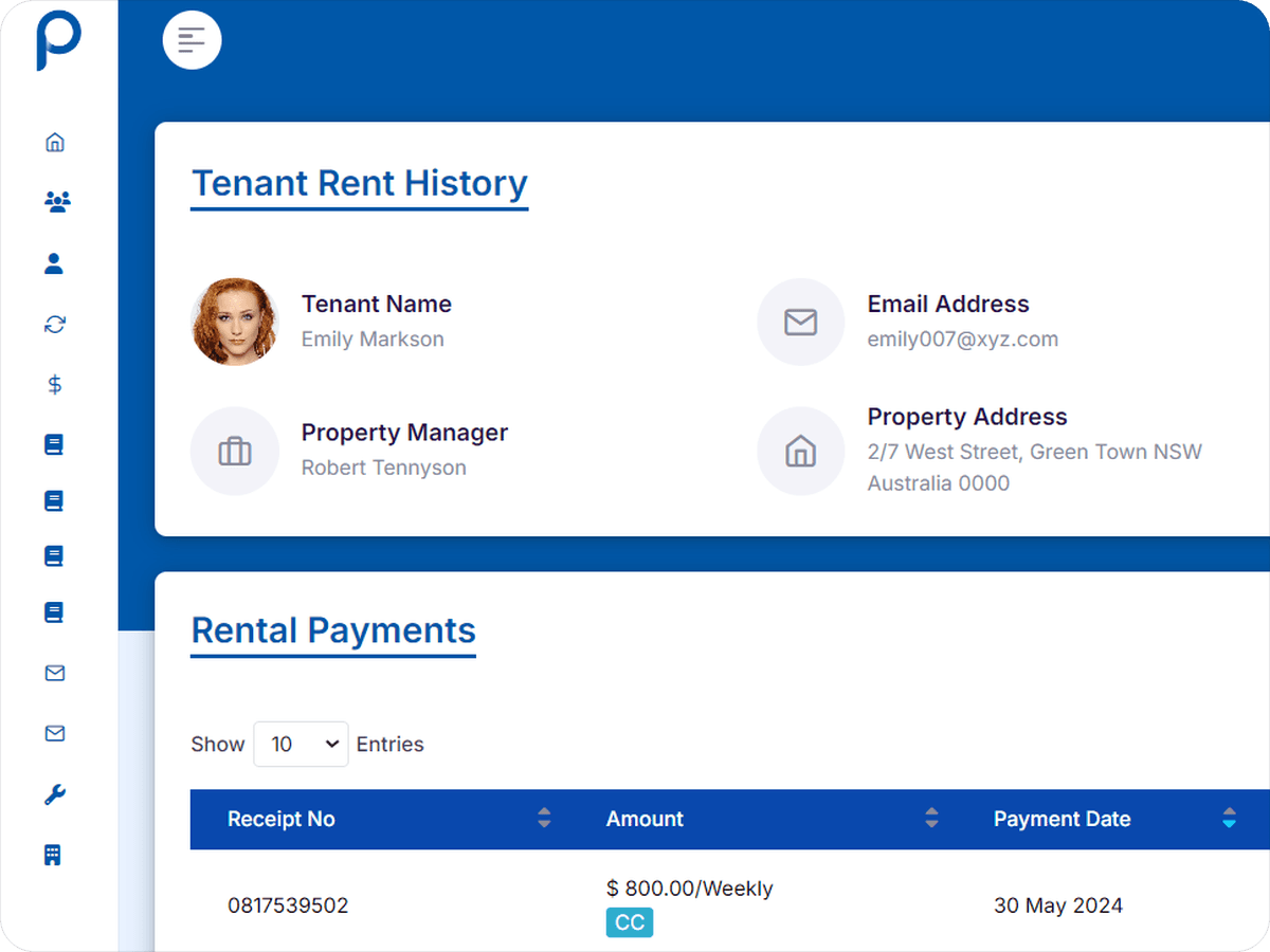 PayRent dashboard showing a tenant's rent history and a table of rental payments.
