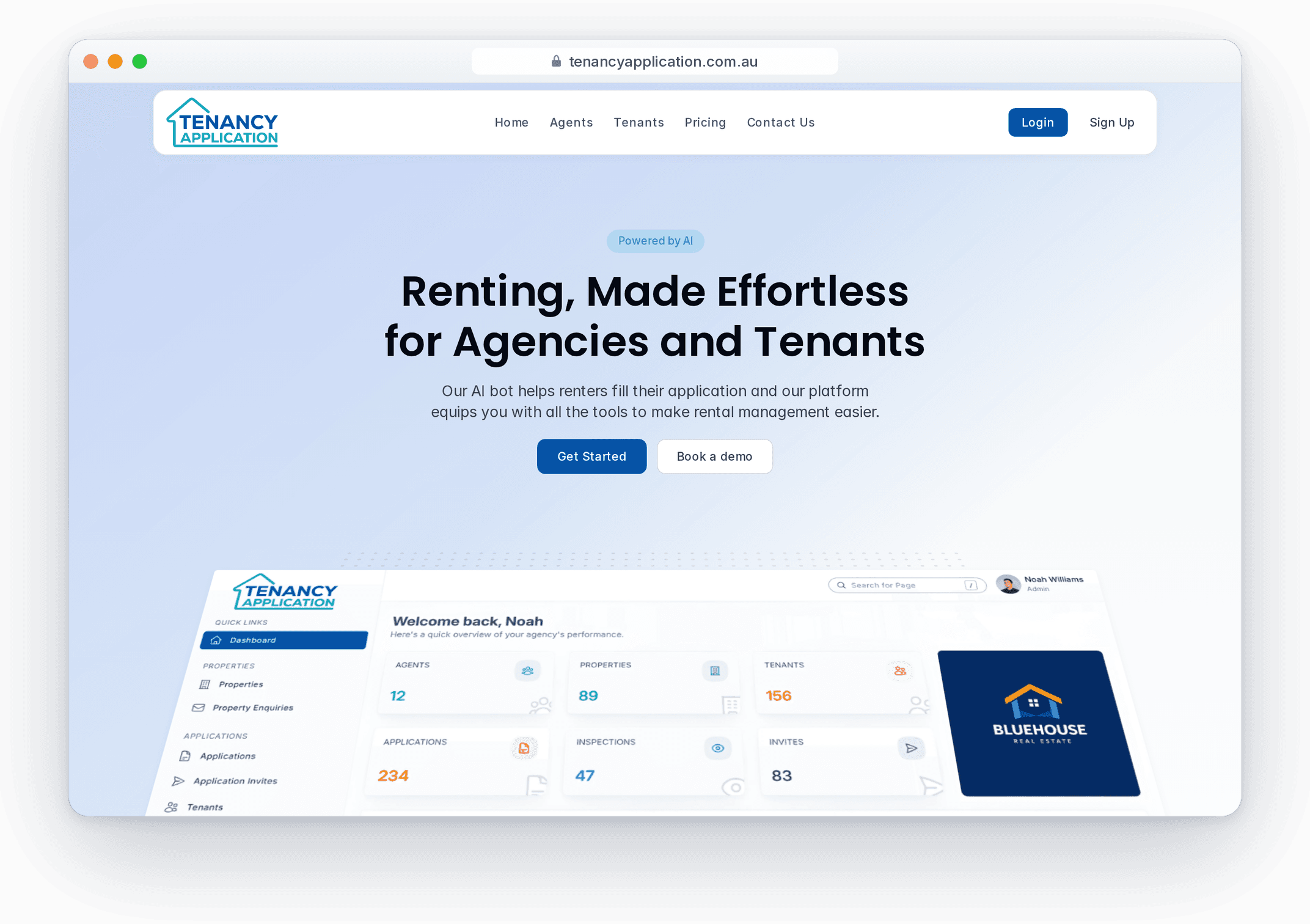 The TenancyApplication home page in a browser window, with its agency dashboard below the headline.